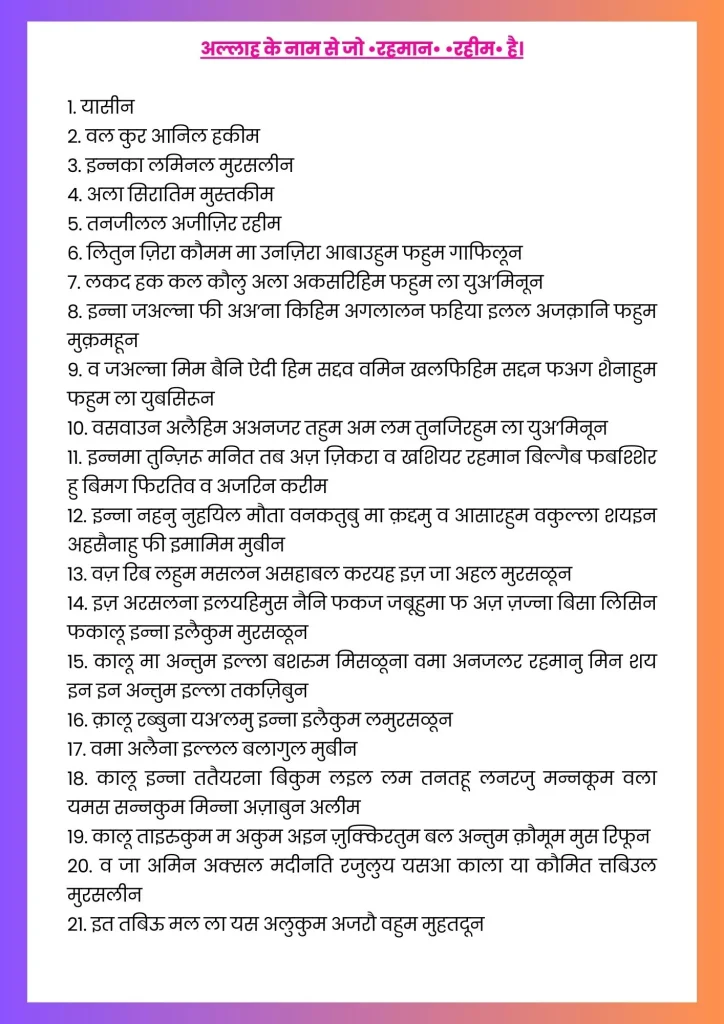 Surah yaseen in hindi text from first ayat to 21th ayat.